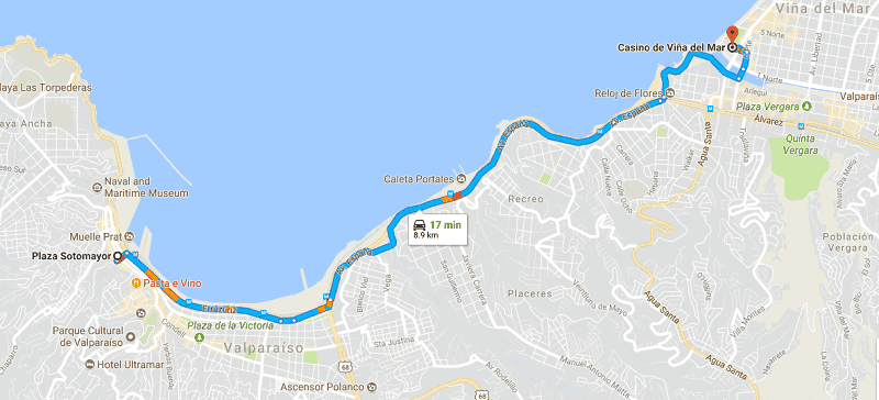 Trajeto da viagem de carro de Valparaíso a Viña del Mar