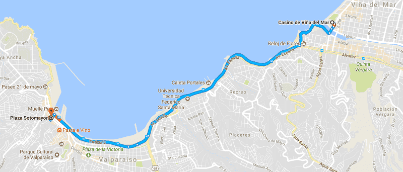Trajeto da viagem de carro de Viña del Mar a Valparaíso