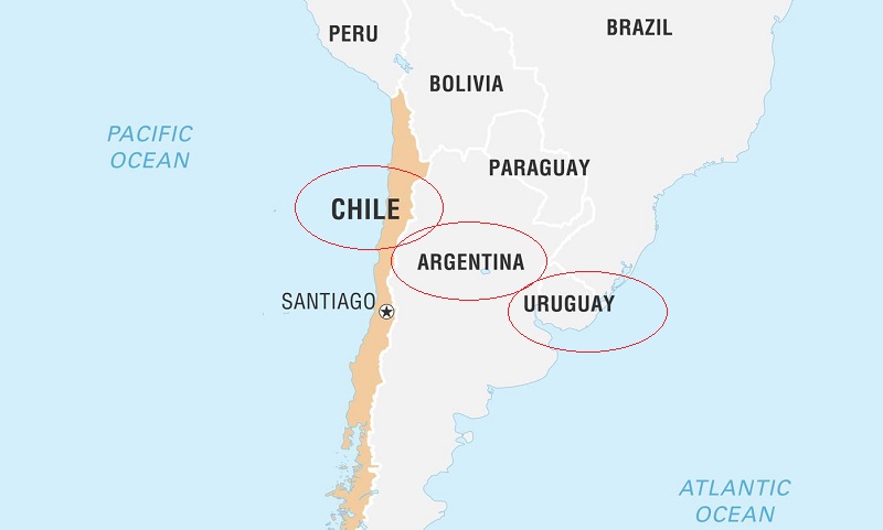 Uruguai, Argentina e Chile - Mapa