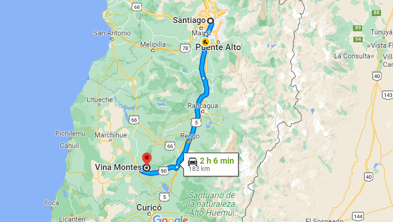 De carro de Santiago para a vinícola Montes - Mapa