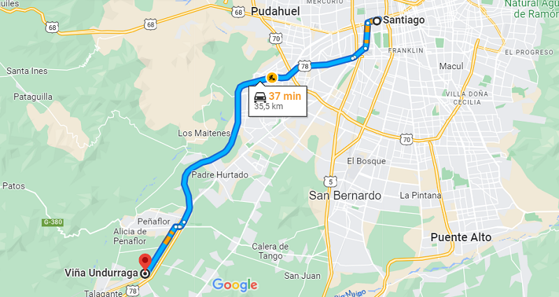 Carro para ir de Santiago até a vinícola Undurraga - Mapa