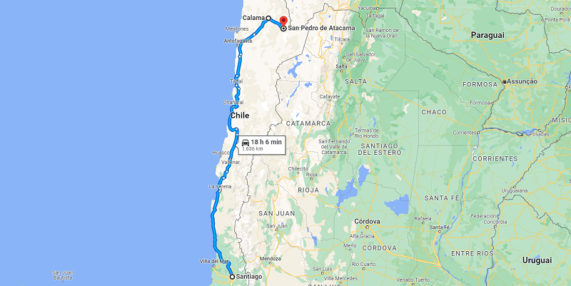 Mapa do trajeto de Santiago até San Pedro de Atacama