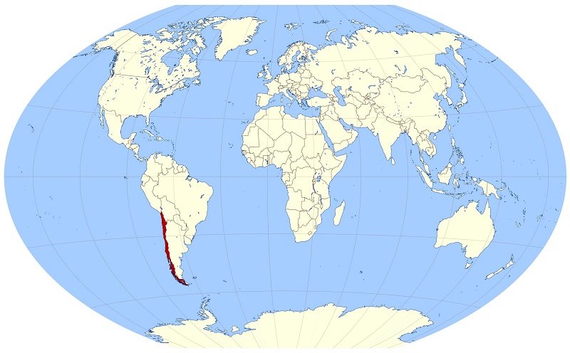 Chile com destaque em vermelho no mapa-múndi