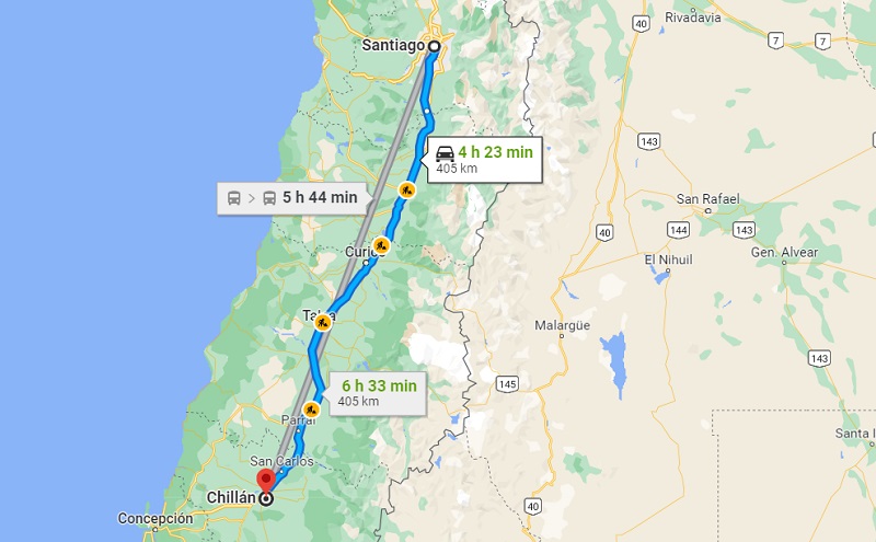 Mapa de Santiago até a cidade de Chillán no Chile