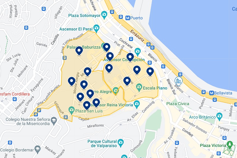 Mapa dos melhores hotéis na melhor região de Valparaíso