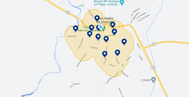 Mapa dos melhores hotéis em San Pedro de Atacama